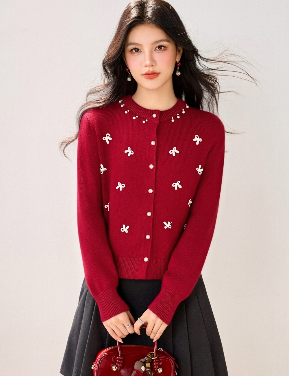 Spring loose bow sweater knitted round neck cardigan