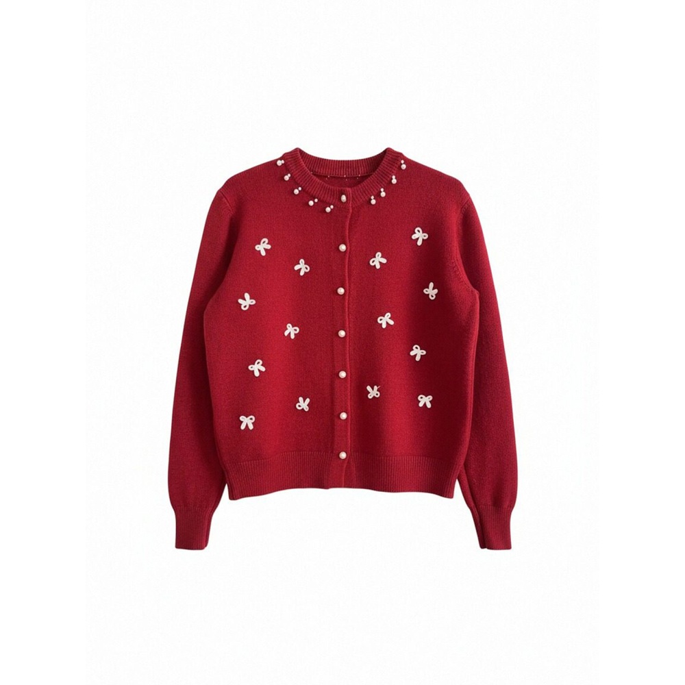 Spring loose bow sweater knitted round neck cardigan