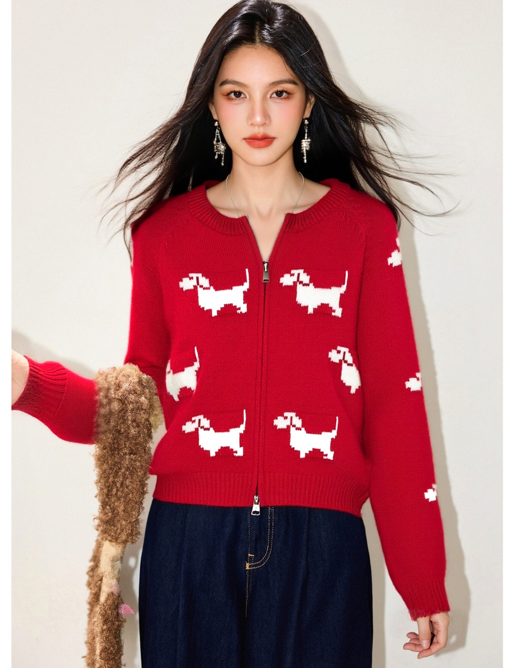 Double zip round neck coat red jacquard cardigan