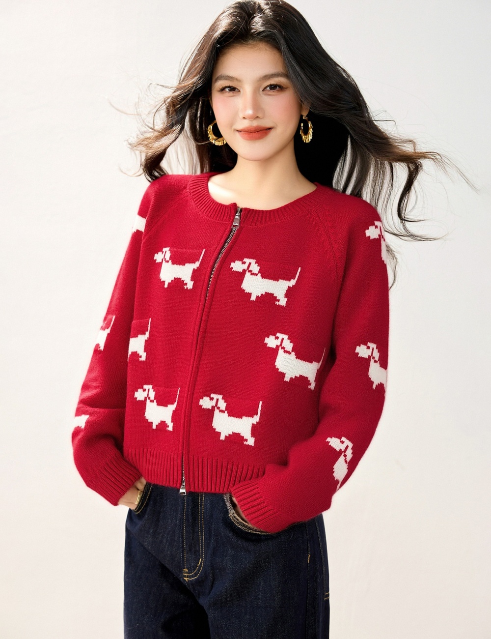 Double zip round neck coat red jacquard cardigan