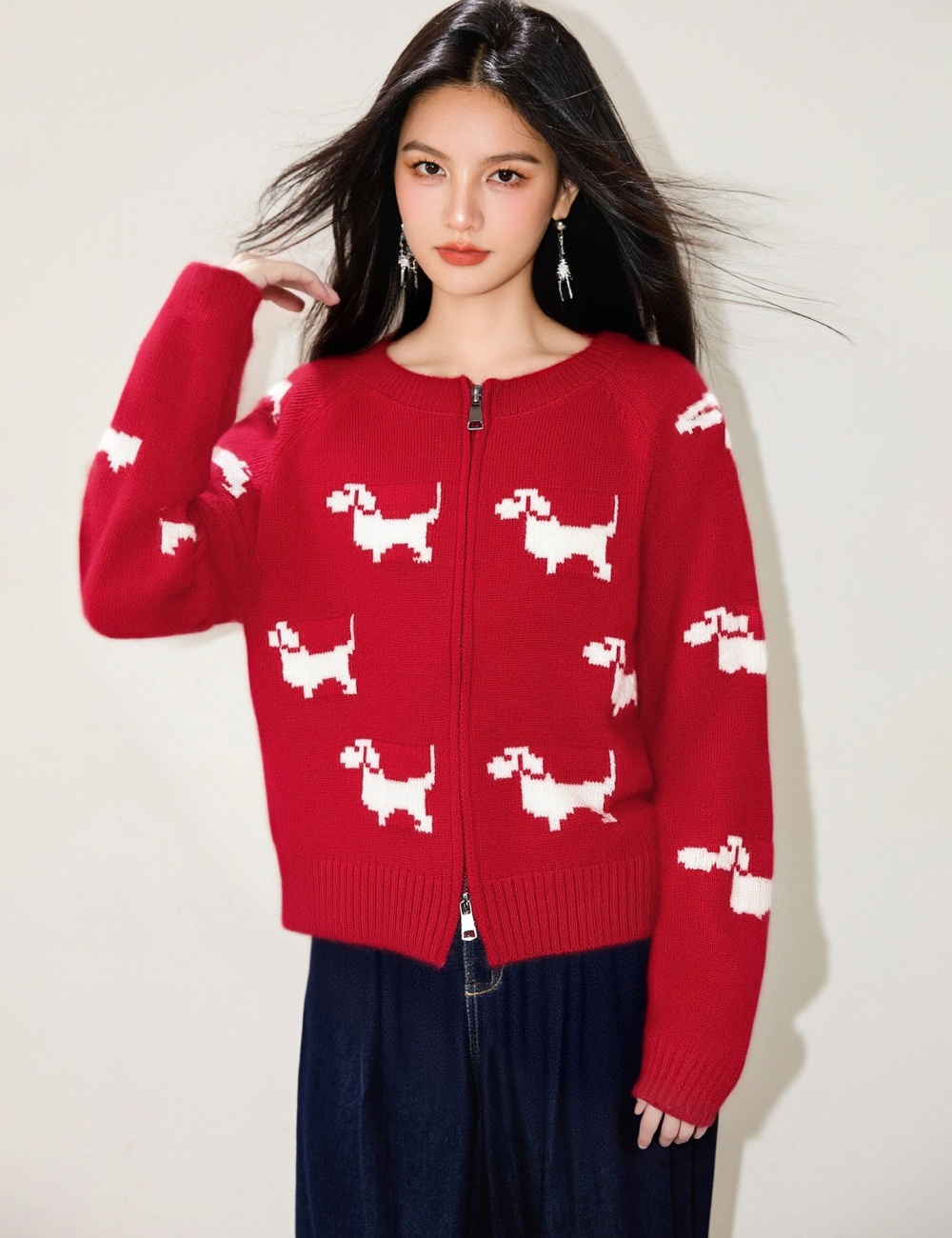 Double zip round neck coat red jacquard cardigan