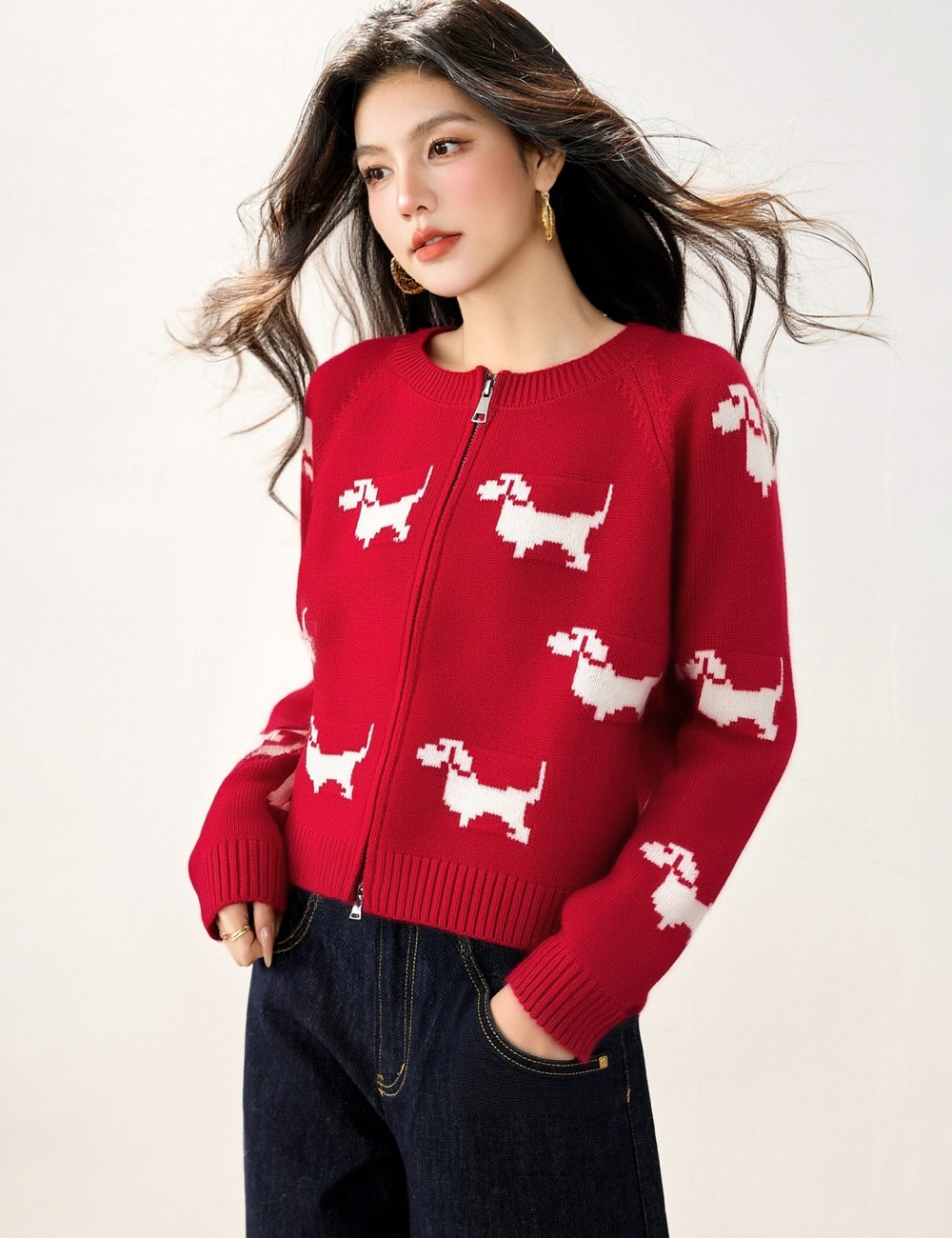 Double zip round neck coat red jacquard cardigan