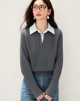 Splice tender sweater Pseudo-two shirt collar tops for women