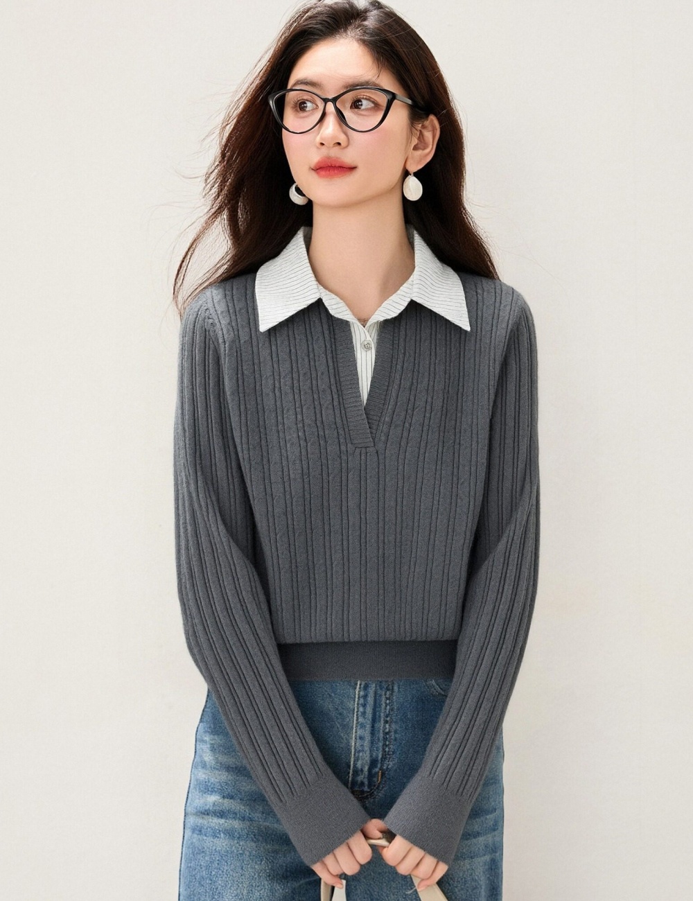 Splice tender sweater Pseudo-two shirt collar tops for women