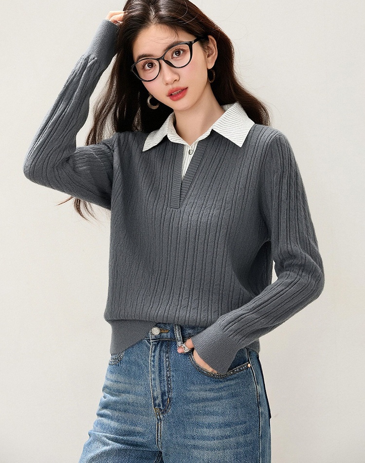 Splice tender sweater Pseudo-two shirt collar tops for women