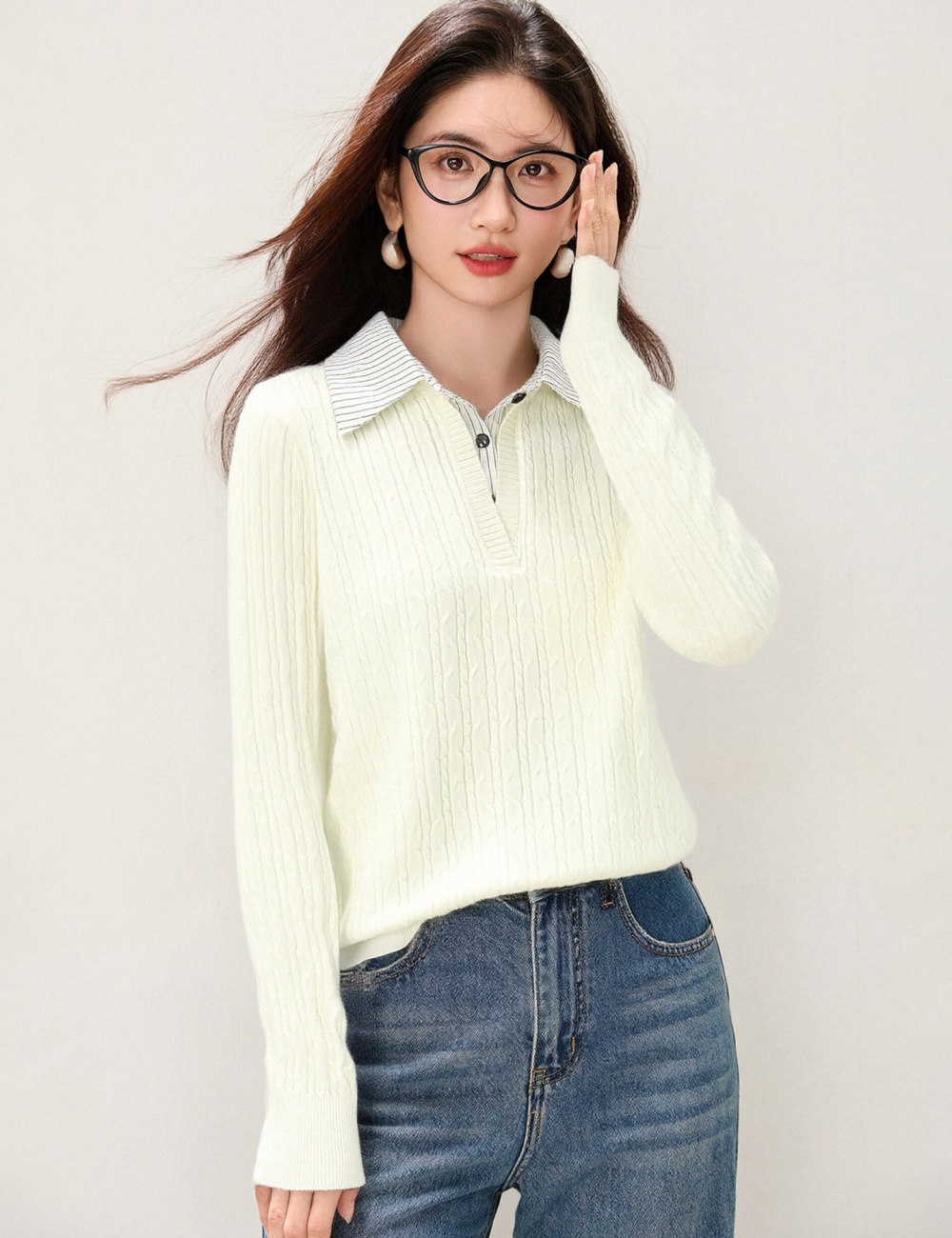 Splice tender sweater Pseudo-two shirt collar tops for women