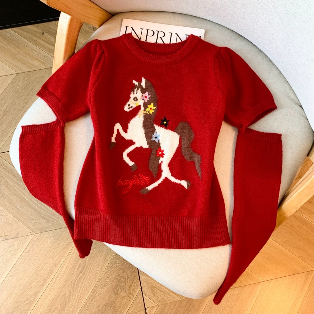 Thermal puff sleeve pony Korean style removable sleeve sweater