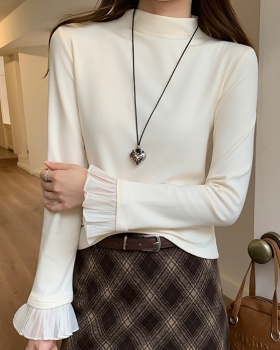 Half high collar apricot lace T-shirt for women