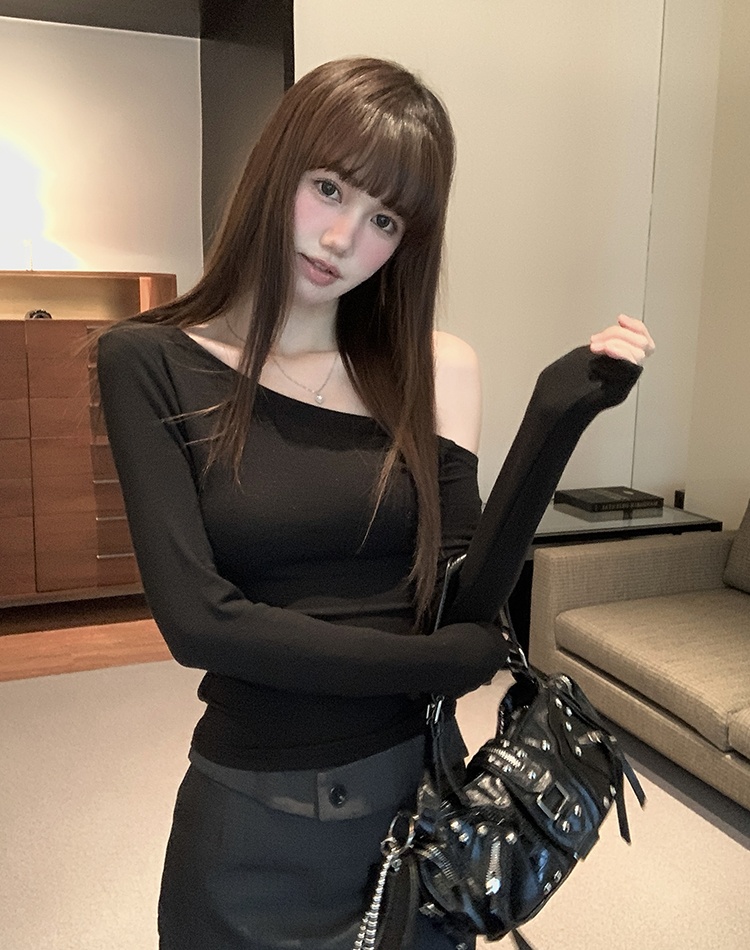 Sloping shoulder bottoming shirt long sleeve T-shirt