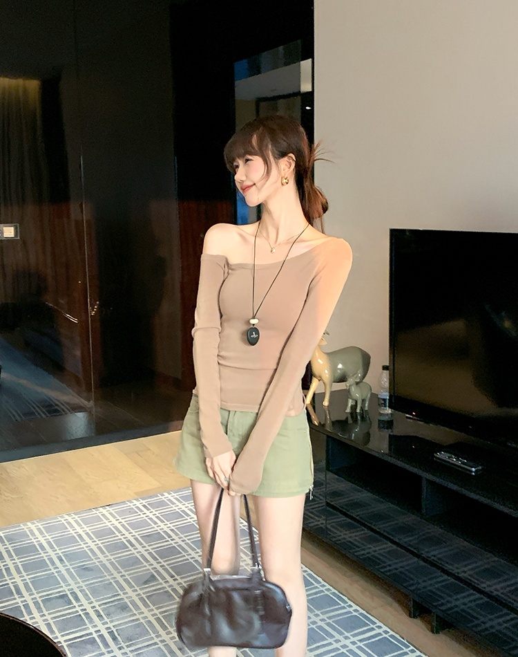 Sloping shoulder bottoming shirt long sleeve T-shirt