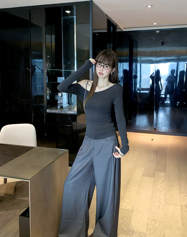 Sloping shoulder bottoming shirt long sleeve T-shirt