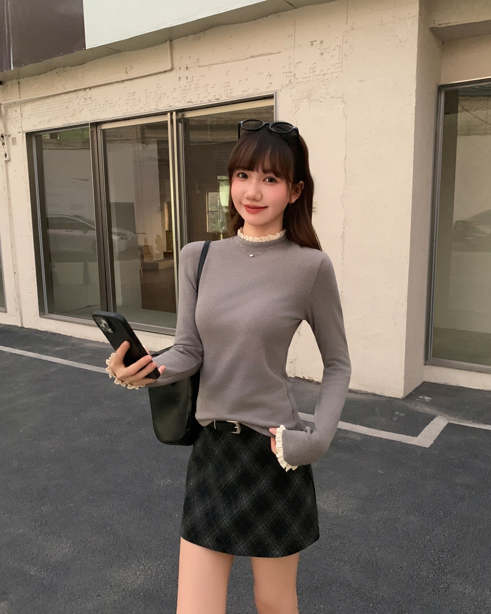 Gray slim inside the ride double bottoming shirt for women