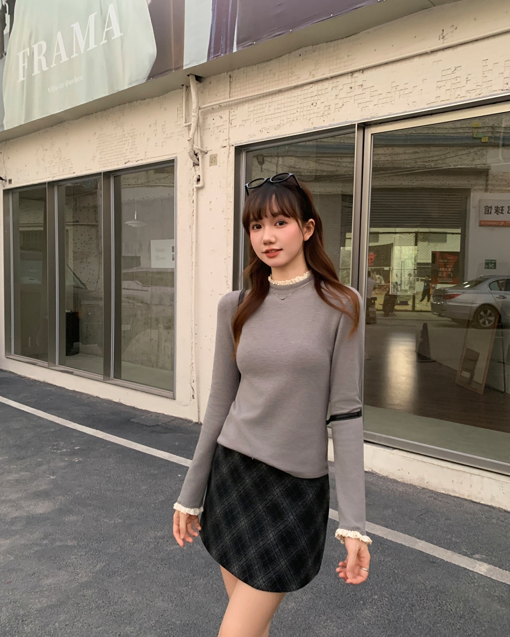 Gray slim inside the ride double bottoming shirt for women