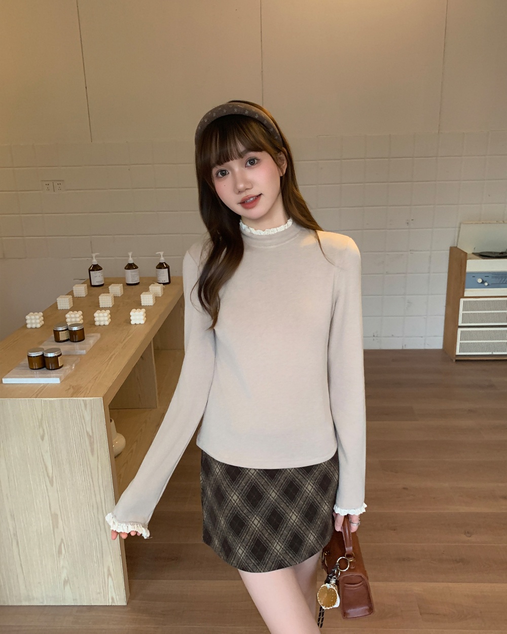 Gray slim inside the ride double bottoming shirt for women