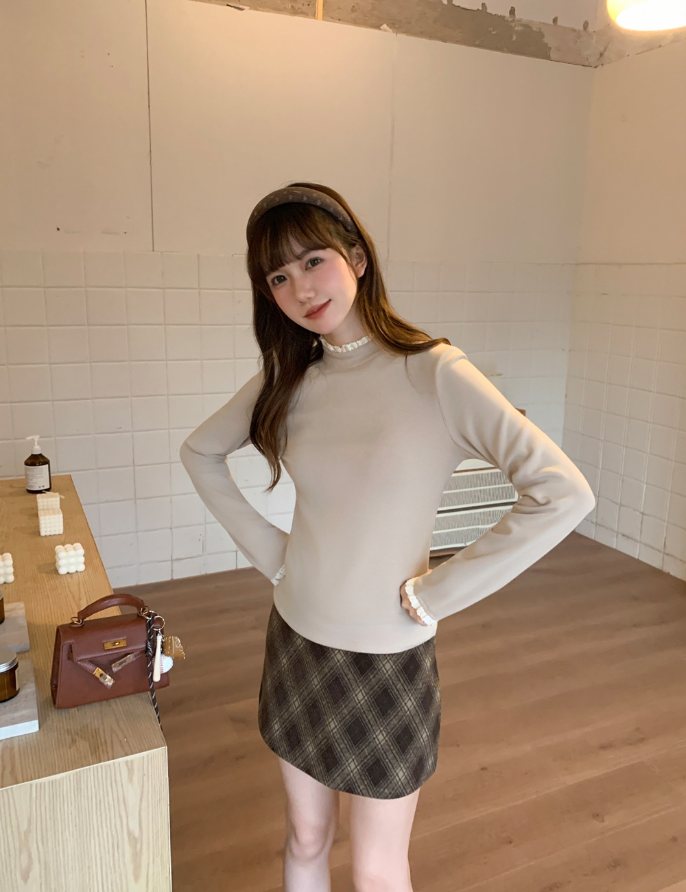 Gray slim inside the ride double bottoming shirt for women