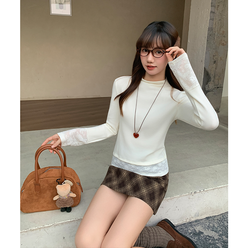 Plus velvet lace tops France style T-shirt for women