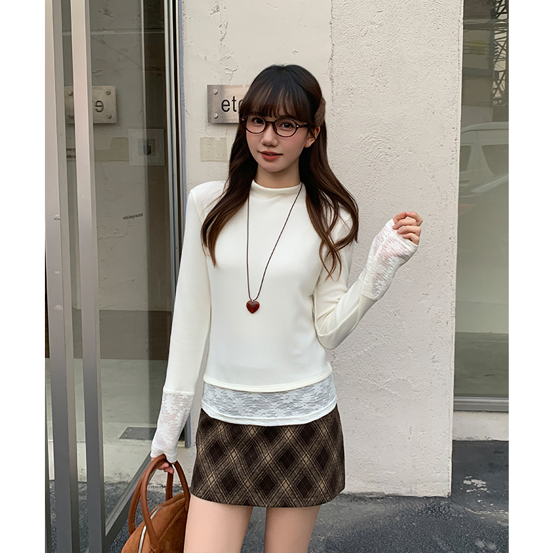 Plus velvet lace tops France style T-shirt for women