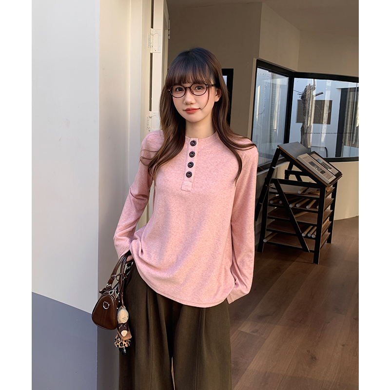 Loose long sleeve tops slim pink T-shirt