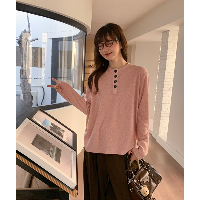 Loose long sleeve tops slim pink T-shirt