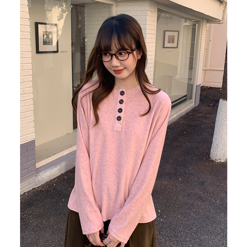 Loose long sleeve tops slim pink T-shirt