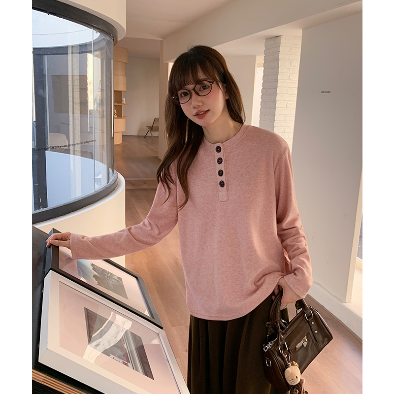 Loose long sleeve tops slim pink T-shirt