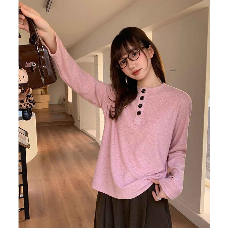Loose long sleeve tops slim pink T-shirt