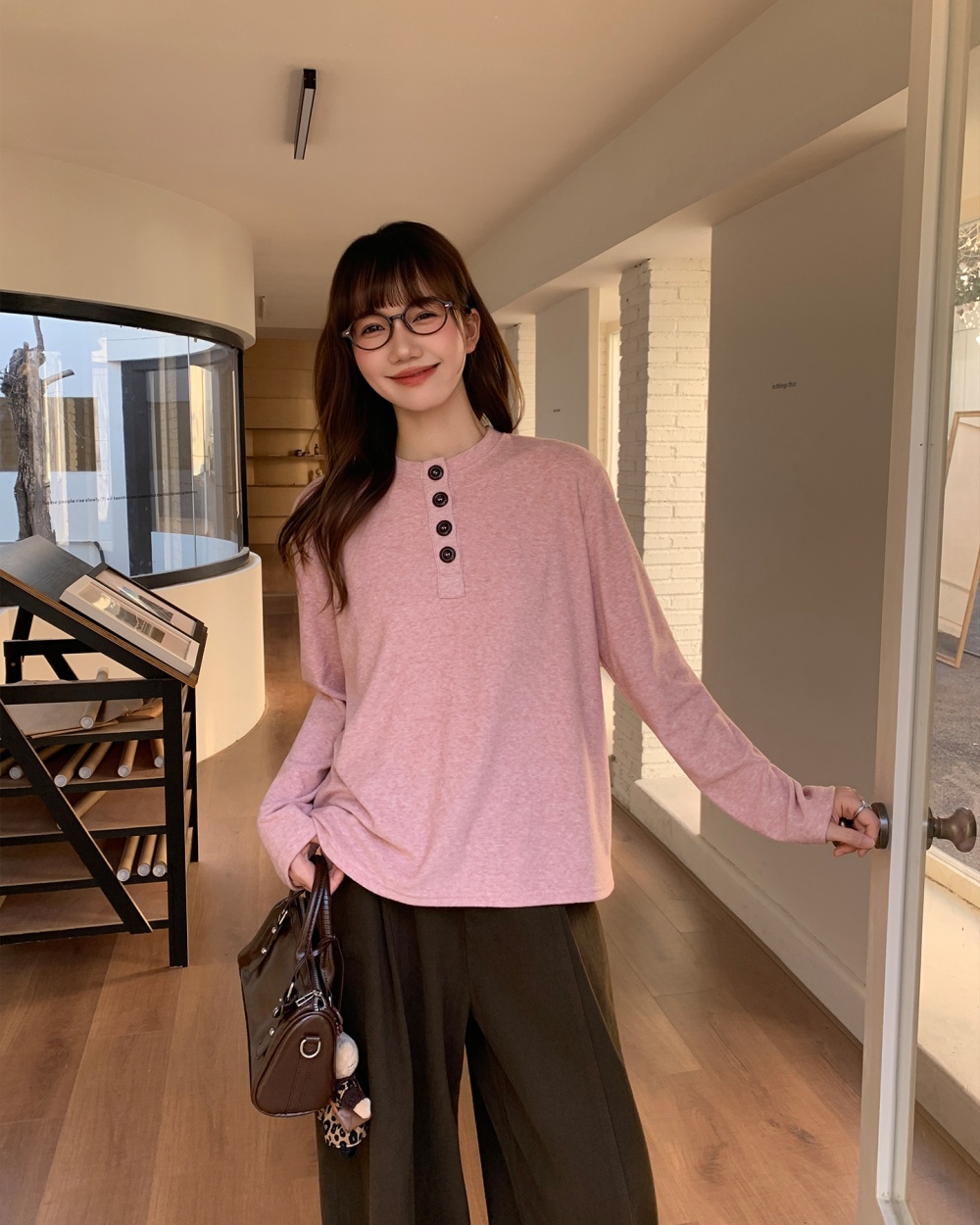 Loose long sleeve tops slim pink T-shirt