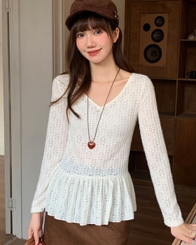 Hollow V-neck T-shirt autumn and winter tops for women