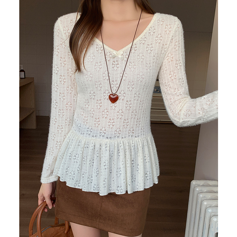 Hollow V-neck T-shirt autumn and winter tops for women