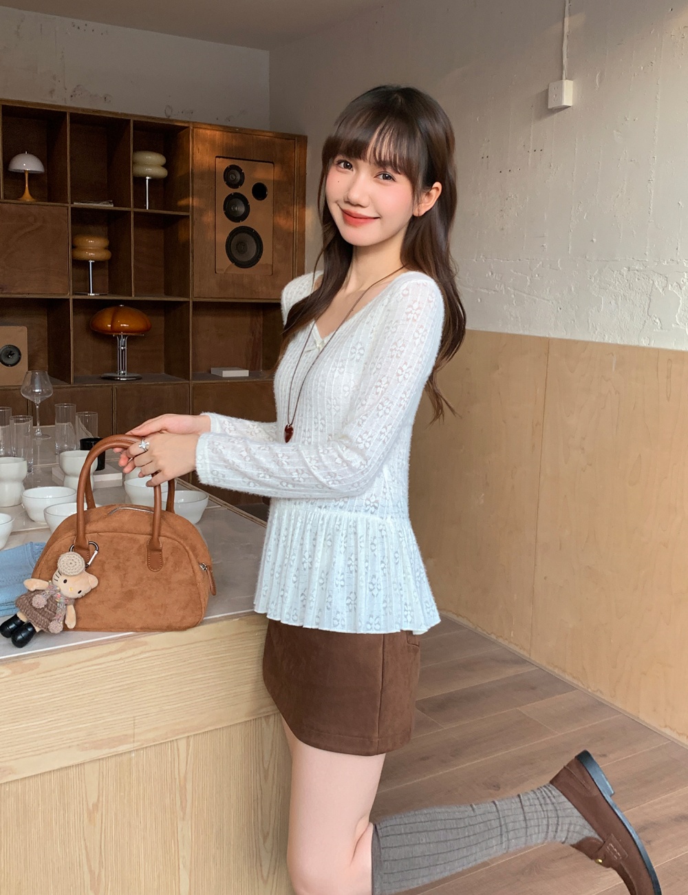 Hollow V-neck T-shirt autumn and winter tops for women