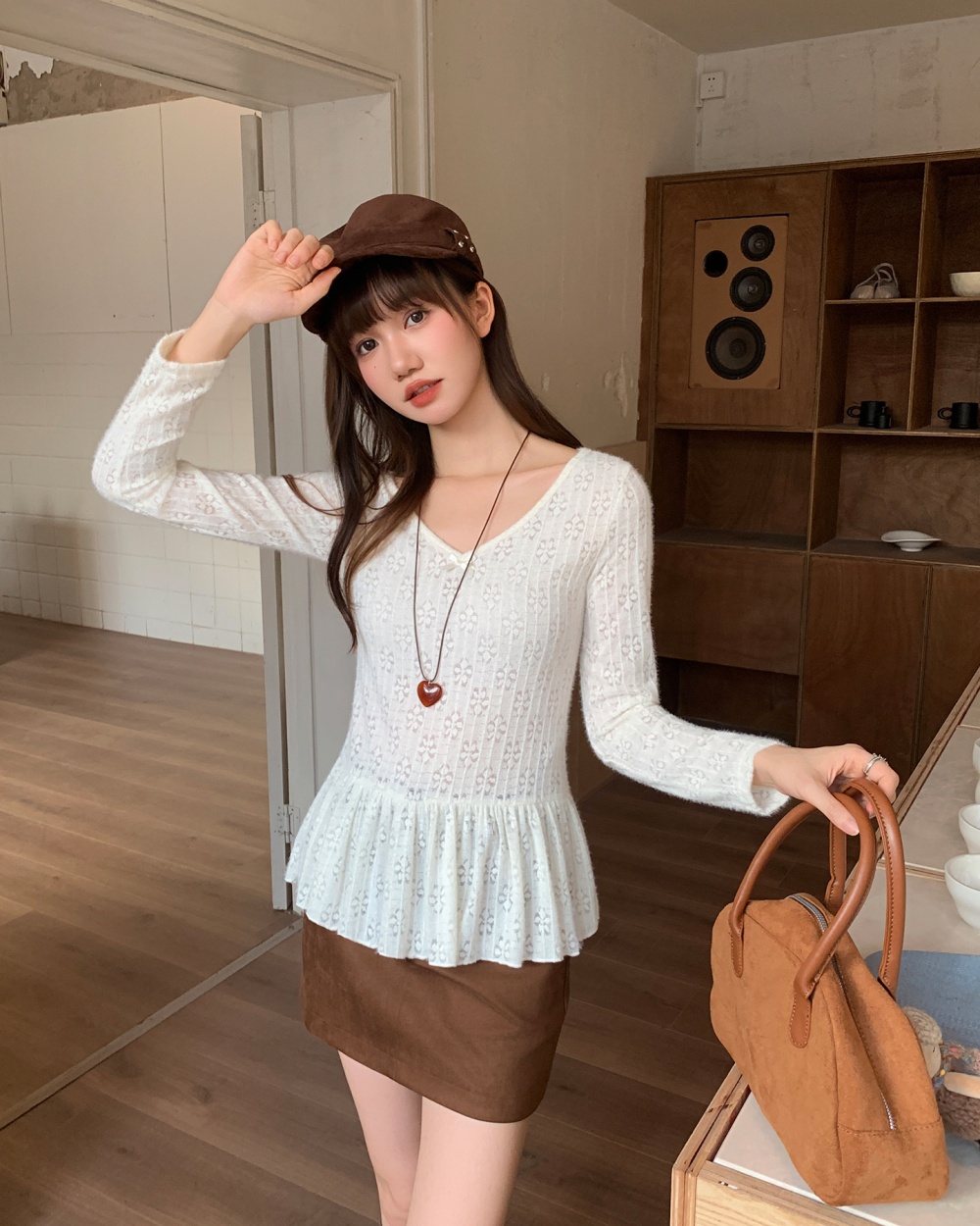 Hollow V-neck T-shirt autumn and winter tops for women