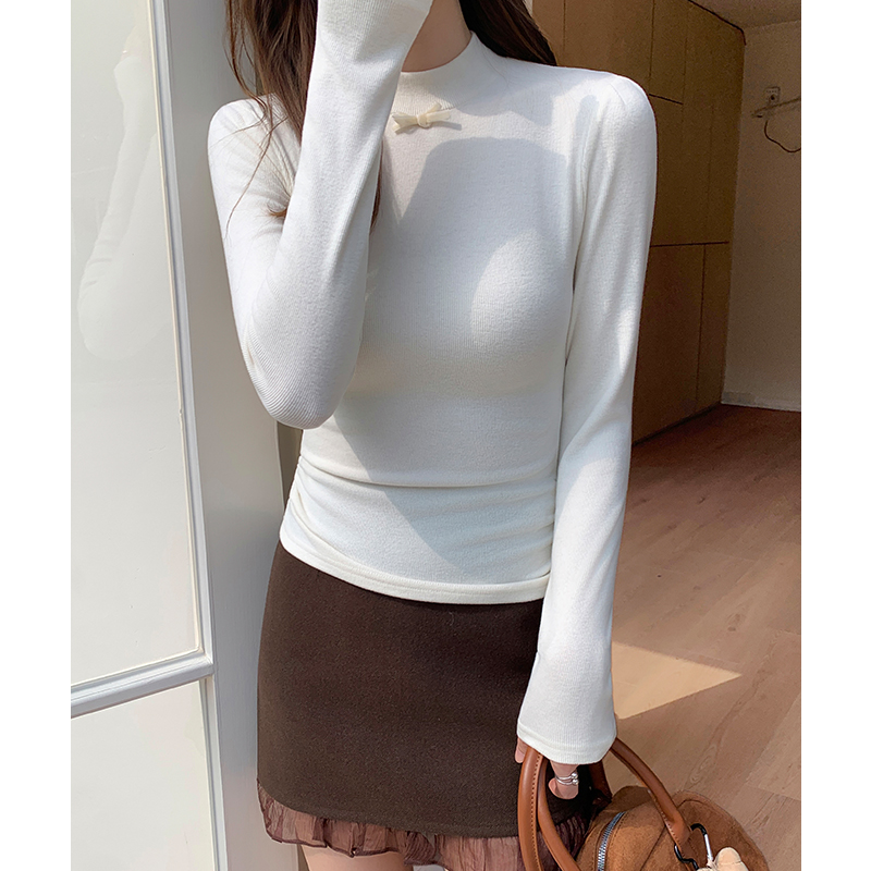 Plus velvet cstand collar tops long sleeve T-shirt