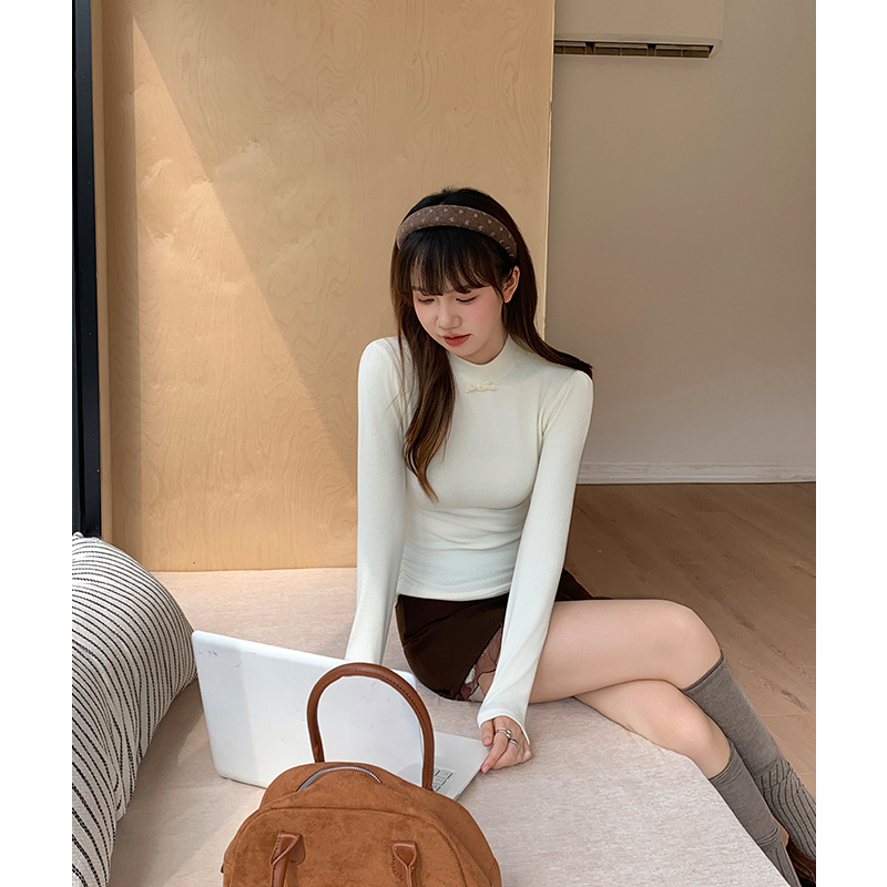 Plus velvet cstand collar tops long sleeve T-shirt