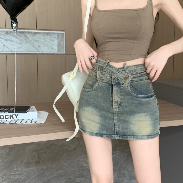A-line denim skirt retro high waist short skirt for women