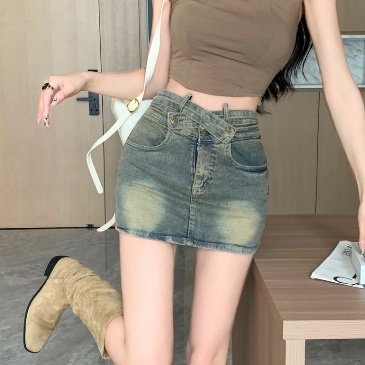 A-line denim skirt retro high waist short skirt for women