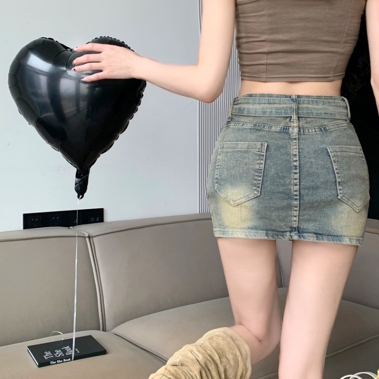 A-line denim skirt retro high waist short skirt for women