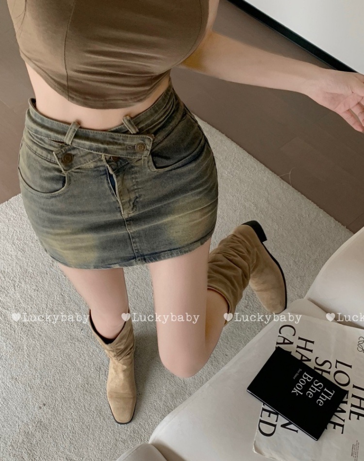 A-line denim skirt retro high waist short skirt for women