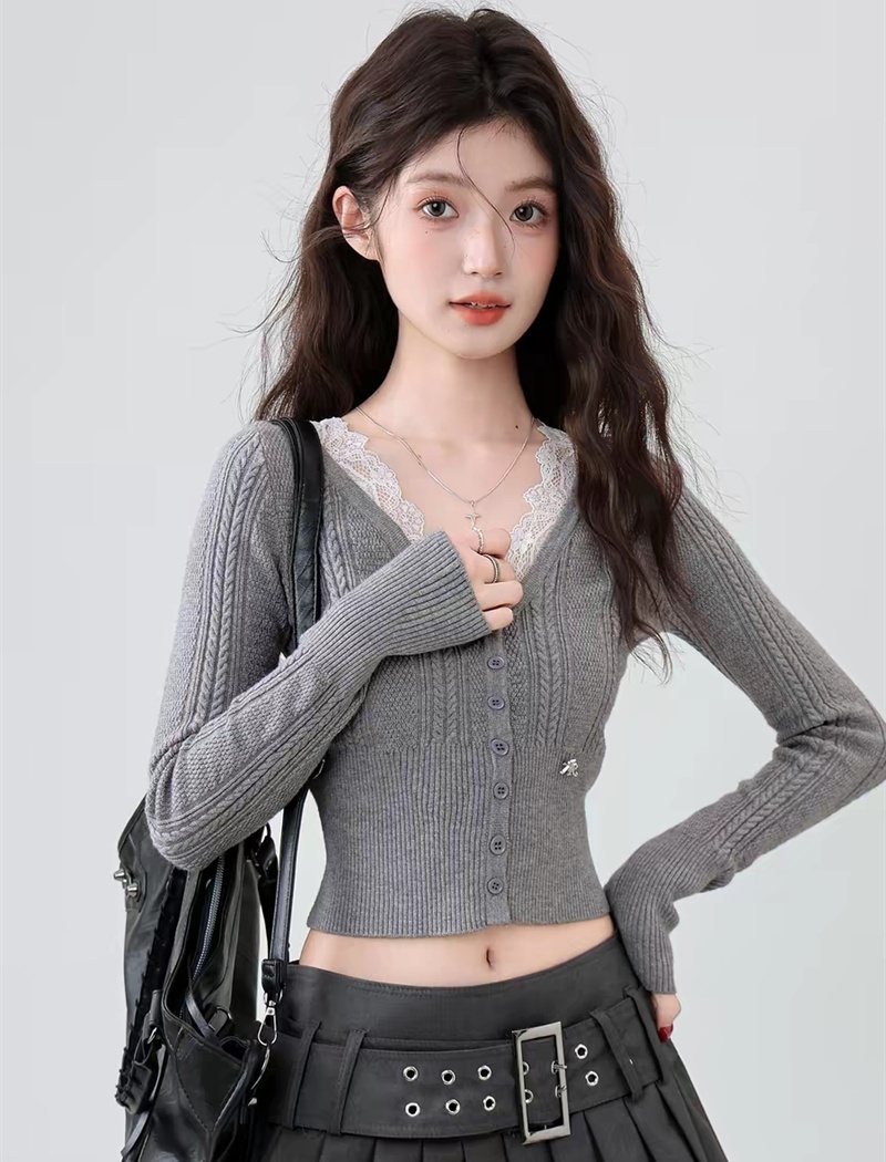 Slim retro lace tops autumn and winter splice sweater