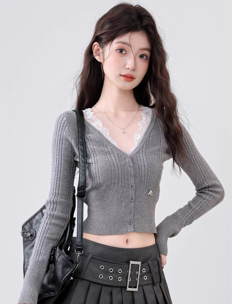 Slim retro lace tops autumn and winter splice sweater