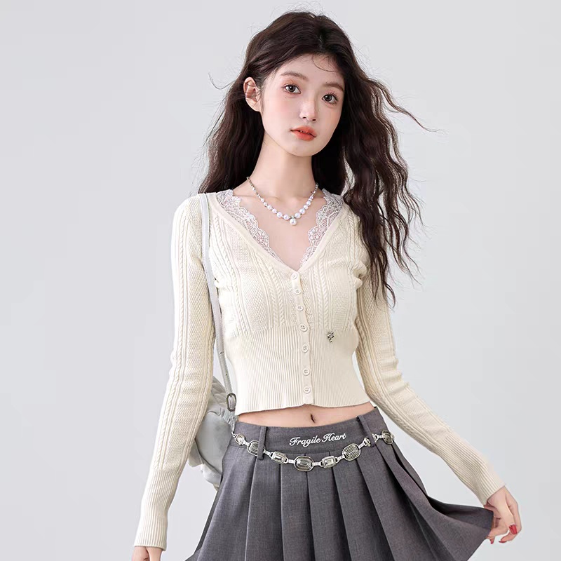 Slim retro lace tops autumn and winter splice sweater