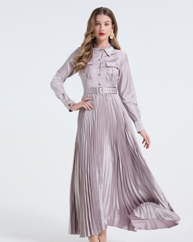 Frenum shirt collar big skirt pinched waist dress