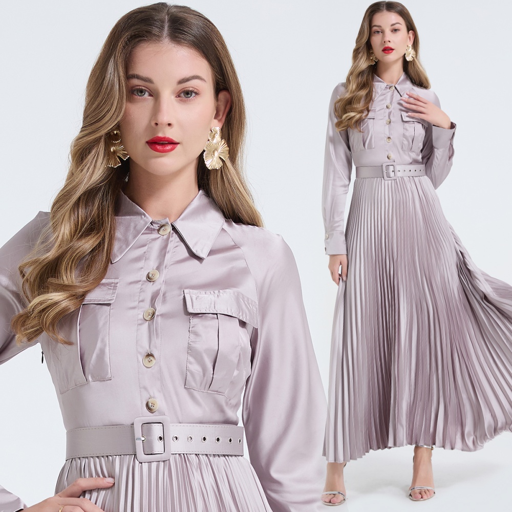 Frenum shirt collar big skirt pinched waist dress
