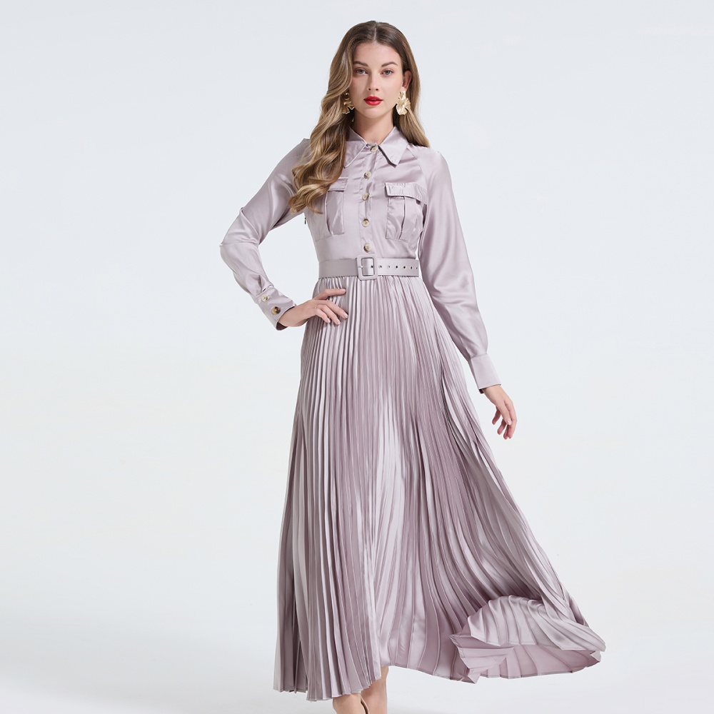 Frenum shirt collar big skirt pinched waist dress