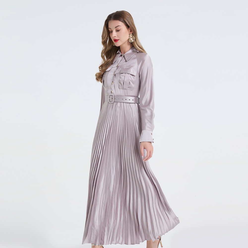 Frenum shirt collar big skirt pinched waist dress