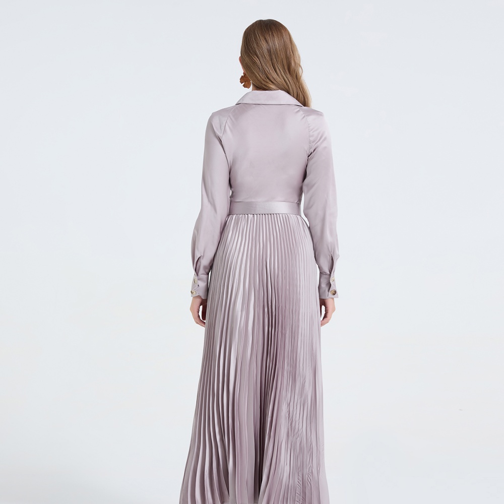 Frenum shirt collar big skirt pinched waist dress