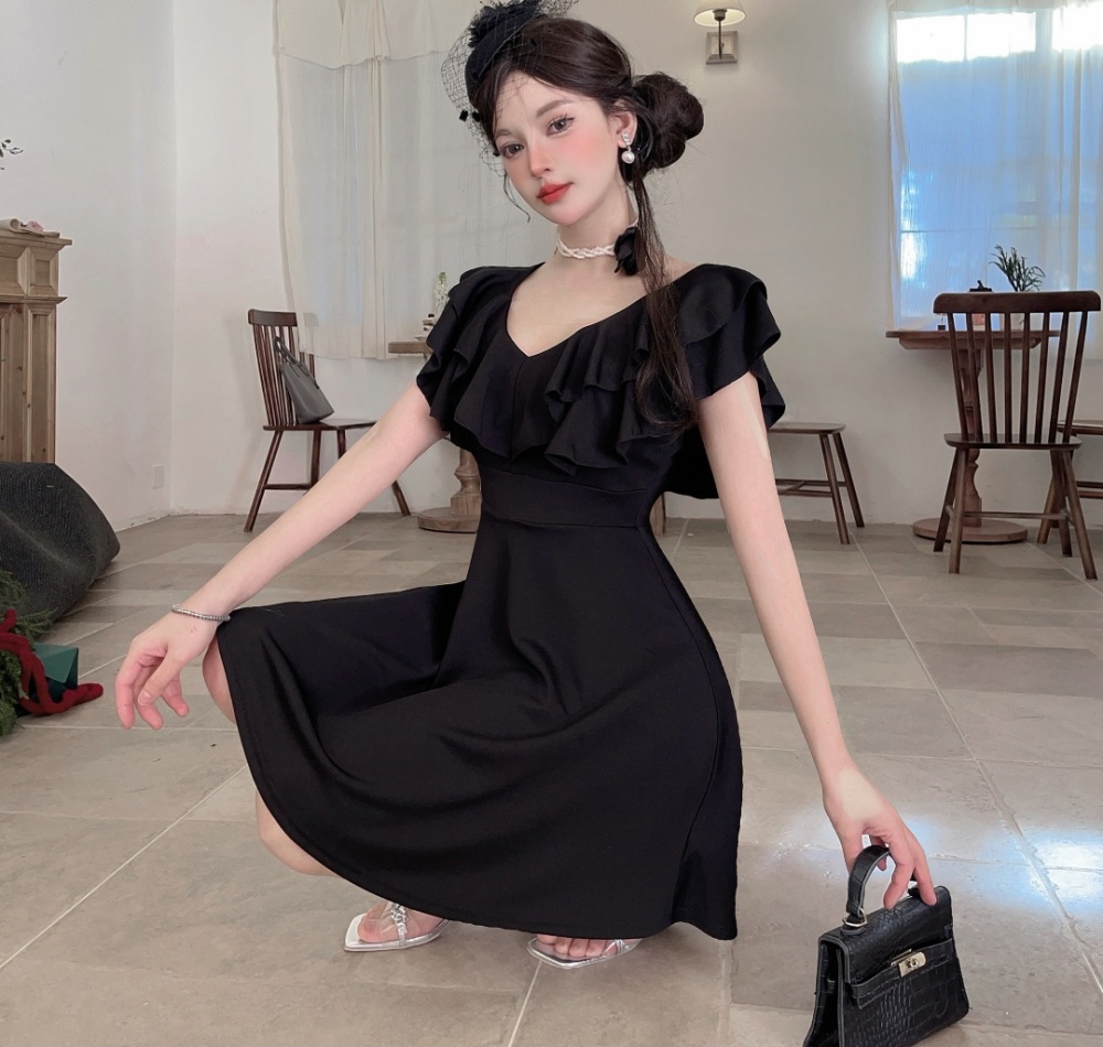 Lotus leaf edges retro temperament slim dress for women