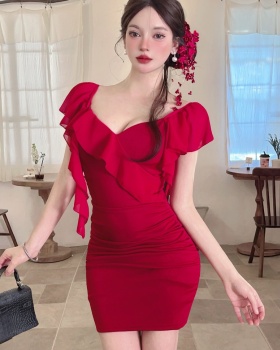 Lotus leaf edges low-cut short sleeve sexy dress