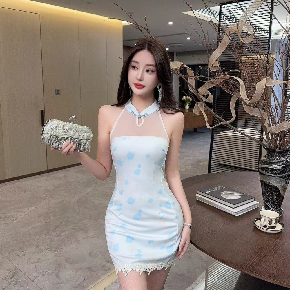 Chinese style splice embroidered cheongsam short gauze dress