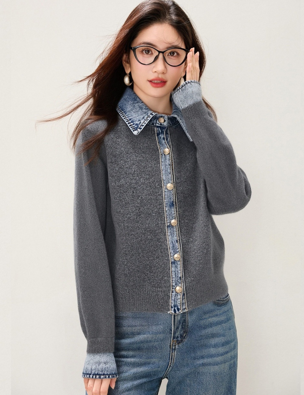 Splice denim tops temperament lazy sweater for women