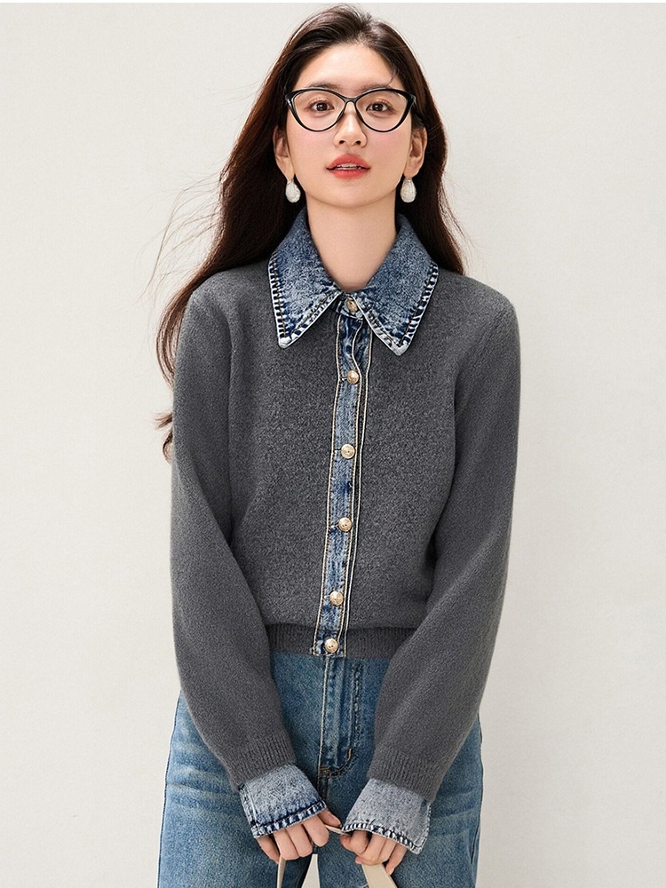 Splice denim tops temperament lazy sweater for women